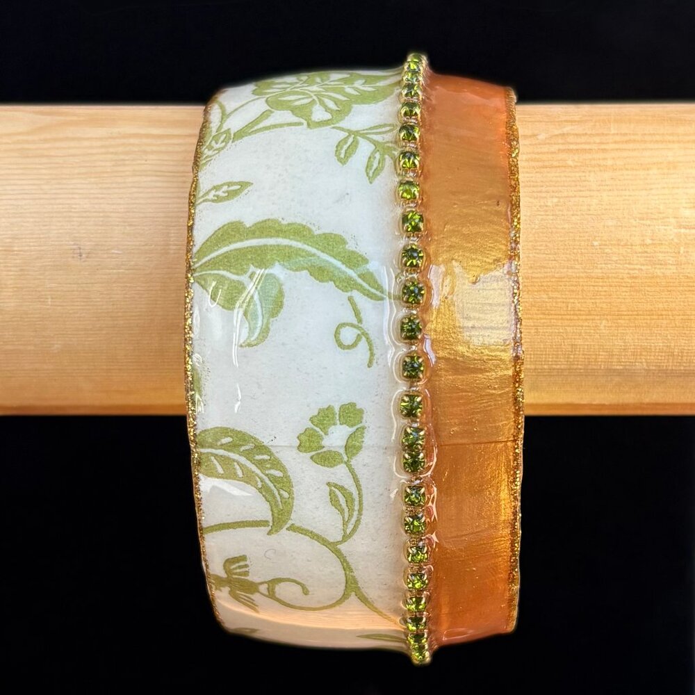 Iris Design Wide Bangle Rhinestones Paper Mache Resin Gold, White & Green